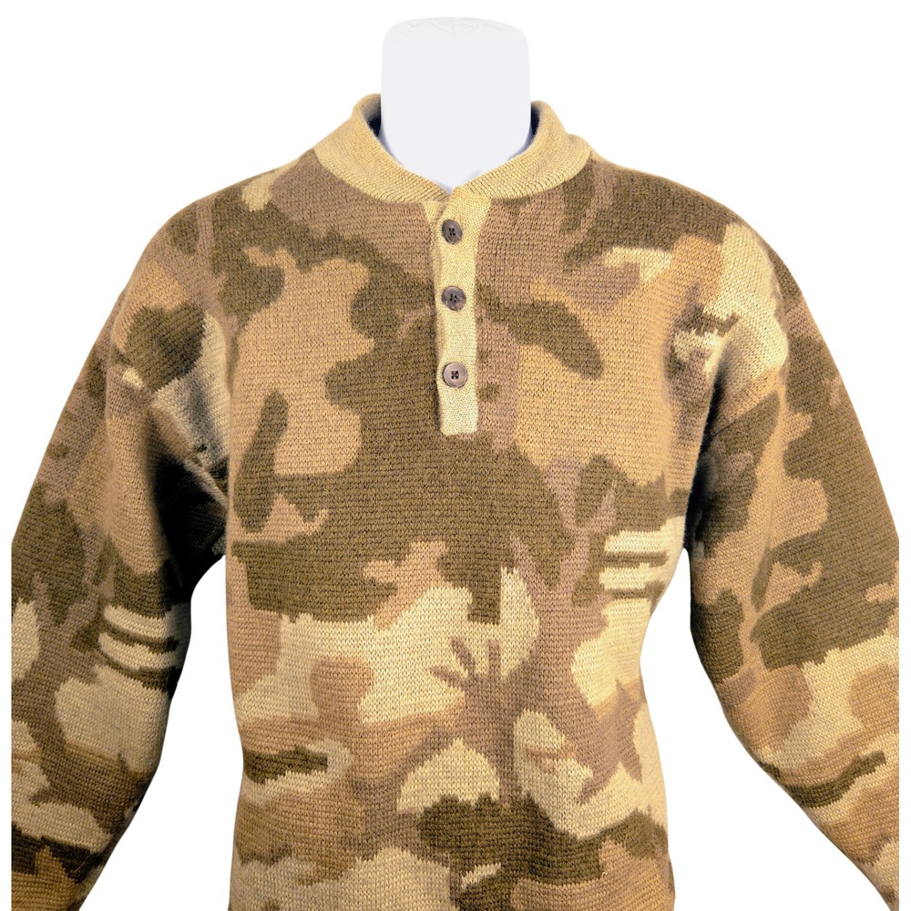 Cabelas Mens L Wool Camo Henley Sweater Lined Knit Hunting Pullover Brown Tan
